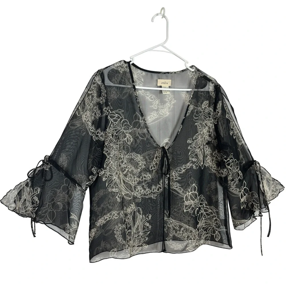 Floral Sheer Mesh Cardigan Black Tie Front Boho Fairycore Feminine Women Size 14